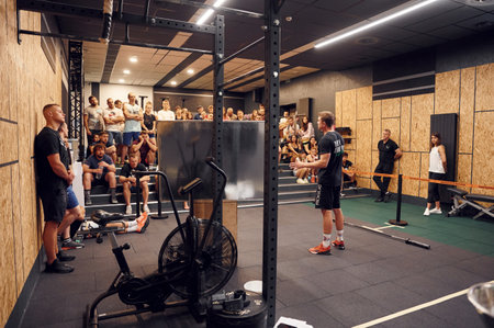 Ternopil, Ukraine - August 20, 2022: Sport master class indoors with many of people.のeditorial素材