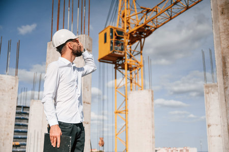 Inspector with notepad is standing on the construction site.
