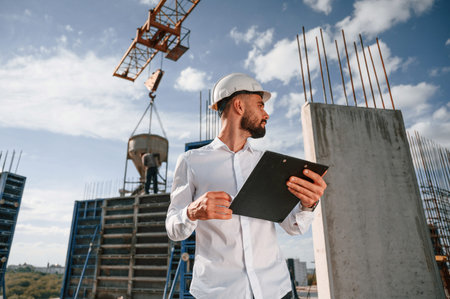 With notepad with documents. Foreman in uniform is working on the construction site.