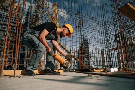 Using grinding machine to cut metal pieces. Man in uniform is working on the construction site.の写真素材