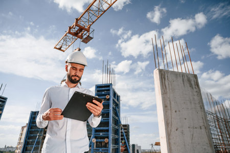Engineer is holding notepad. Man in uniform is working on the construction site.