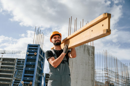 Carrying wooden plank. Man in uniform is working on the construction site.