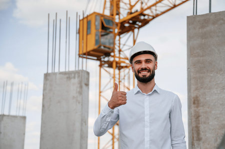 Smiling and showing thumb up. Man in uniform is working on the construction site.