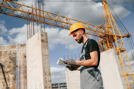 Standing against yellow crane and holding notepad with documents. Man in uniform is working on the...