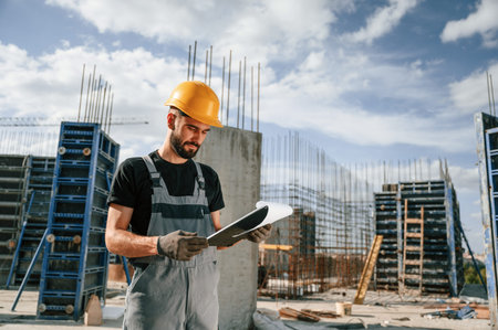 Control of the process. Foreman is with documents. Man in uniform is working on the construction...