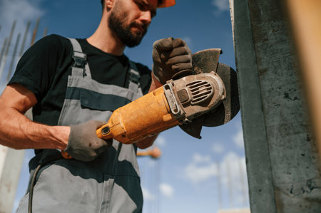Holding grinding machine. Man in uniform is working on the construction site.の写真素材