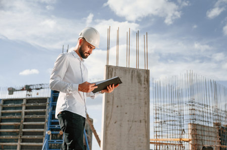 Working with document. Man in uniform is on the construction site.