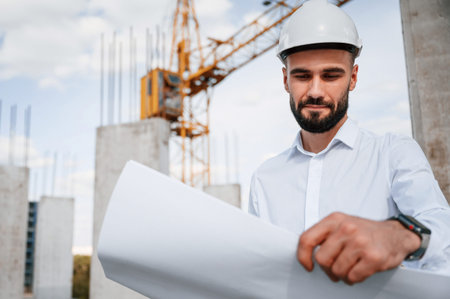 Standing and holding plan in hands. Man in uniform is working on the construction site.