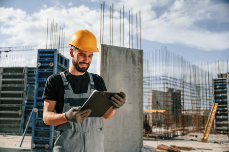 Control of the process. Foreman is with documents. Man in uniform is working on the construction...