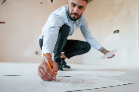 On the floor with project plan. The man is making repairs in the apartment.