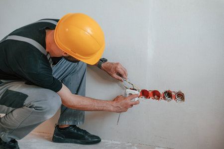 Repairs sockets. The man is in the apartment.