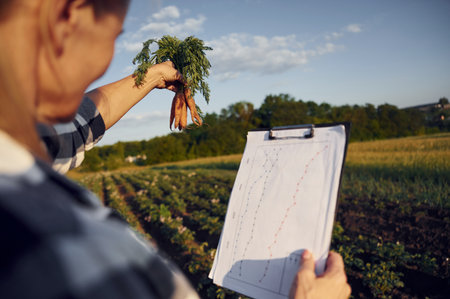 Looking at the graph and holding carrots. Woman is on the agricultural field at daytime.