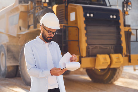 In glasses, reading documents. Man in uniform is working in the quarry at daytime.