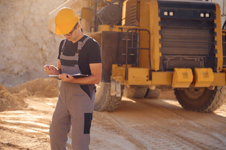 With documents near the haul truck. Man in uniform is working in the quarry at daytime.