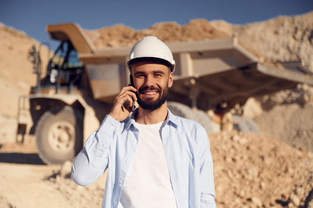 Engineer is with the phone. Man in uniform is working in the quarry at daytime.