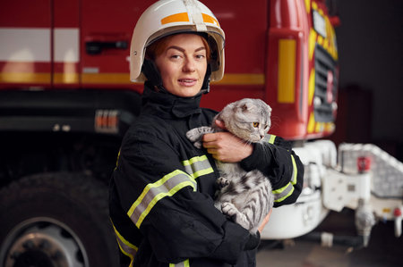 Cute grey colored scottish fold cat is in the hands of woman's firefighter that is in uniform at...