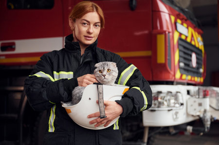 Cat is inside of the protective helmet. Woman firefighter in uniform is at work in department.の写真素材