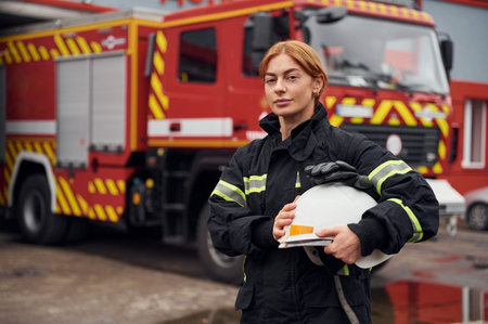 Heavy truck behind. Holding protective helmet. Woman firefighter in uniform is at work in...