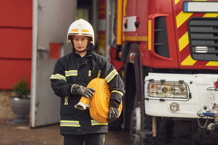 With fire hose in hands. Woman in uniform is at work in department.