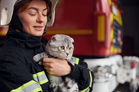Cat with grey wool is in the hands of employee. Woman firefighter in uniform is at work in...