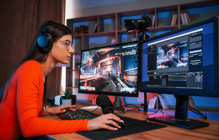 Focused on the game process. Young beautiful streamer is indoors with pc.