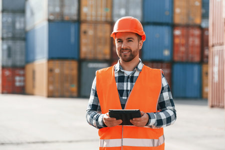Standing with tablet in hands. Male worker is on the location with containers.