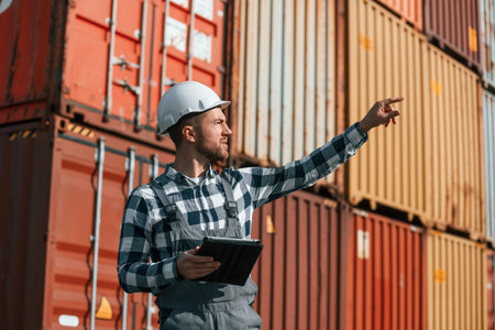 Giving instructions by the hand. Male worker is on the location with containers.