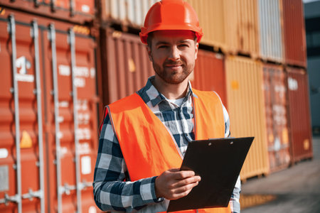 Standing with tablet in hands. Male worker is on the location with containers.