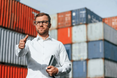 Giving hand to make handshake, successful deal. Male worker is on the location with containers.