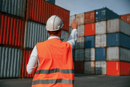 Rear view. Controlling the process. Male worker is on the location with containers.
