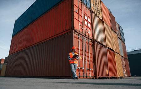 Digital tablet in hands. Male worker is on the location with containers.