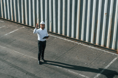 Top view. With tablet. Male worker is on the location with containers.