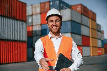 Giving hand to make handshake, successful deal. Male worker is on the location with containers.