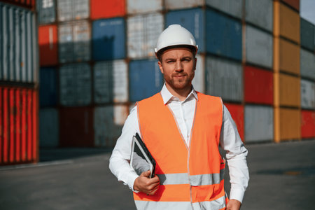 Front view. Male worker is on the location with containers.