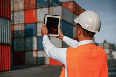 Holding tablet and making photo of the objects. Male worker is on the location with containers.
