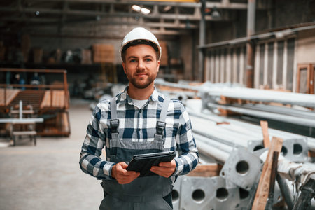 Factory male worker in uniform is indoors. Standing, holding tablet.