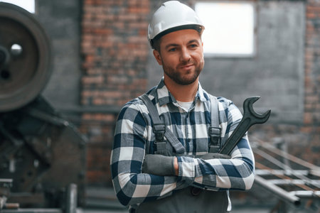 Big wrench in hand. Factory male worker in uniform is indoors.