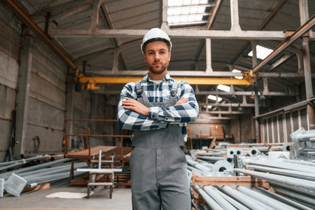 Standing with arms crossed. Factory male worker in uniform is indoors.