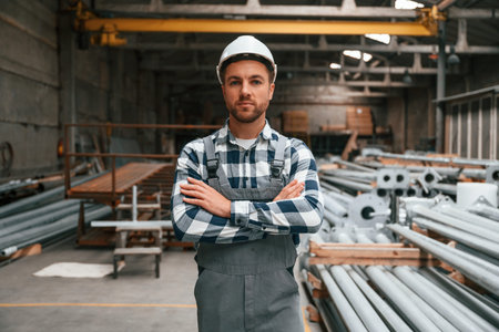 Standing with arms crossed. Factory male worker in uniform is indoors.