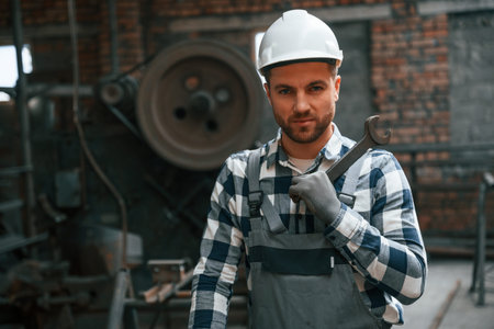 Beautiful portrait. Factory male worker in uniform is indoors.