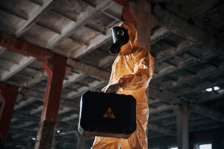 Bottom view. Man dressed in chemical protection suit in the ruins of the post apocalyptic building.