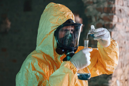 Examining radioactive liquid. Man dressed in chemical protection suit in the ruins of the post...
