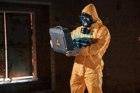 Blue light is going from hard case that is with hazard sign. Man dressed in chemical protection suit in the ruins of the post apocalyptic building.の写真素材