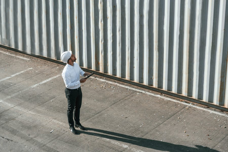 Top view. With tablet. Male worker is on the location with containers.