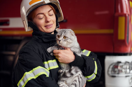 Cat with grey wool is in the hands of employee. Woman firefighter in uniform is at work in department.の写真素材