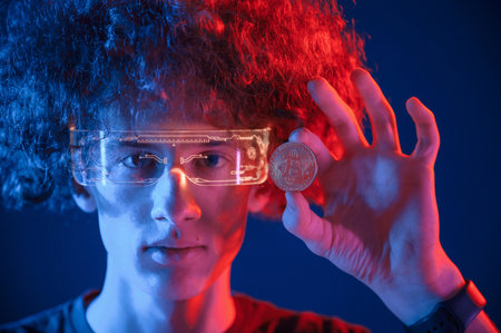 Close up view. In futuristic eyewear. Young man with curly hair is indoors illuminated by neon lighting.の写真素材
