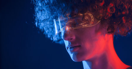 Futuristic eyewear. Young man with curly hair is indoors illuminated by neon lighting.の写真素材