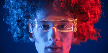 Close up view. In futuristic eyewear. Young man with curly hair is indoors illuminated by neon lighting.の写真素材