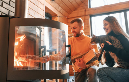 Man putting wood into the fireplace. Woman is sitting with cute cat.の写真素材