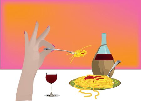spaghetti and wineのイラスト素材